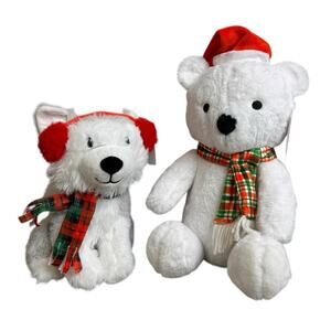 American Greetings Christmas Dog Plush Husky Earmuffs and White Bear Plush Toy
